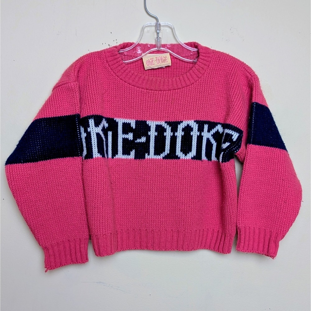 Vintage Okie Dokie Spellout Logo‎ Knit Sweater Pink Stripe 80s Girls Size 3T